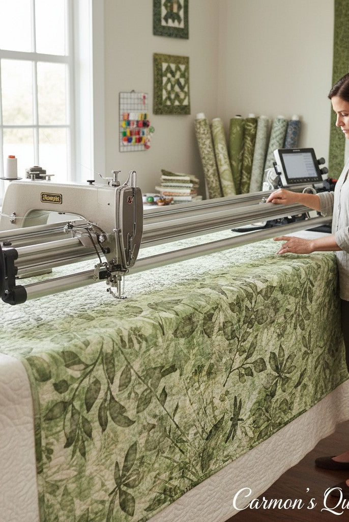 Carmon's Quilt Shop wide green botanical leaf print cotton fabric on a longarm quilting machine in a sewing studio.