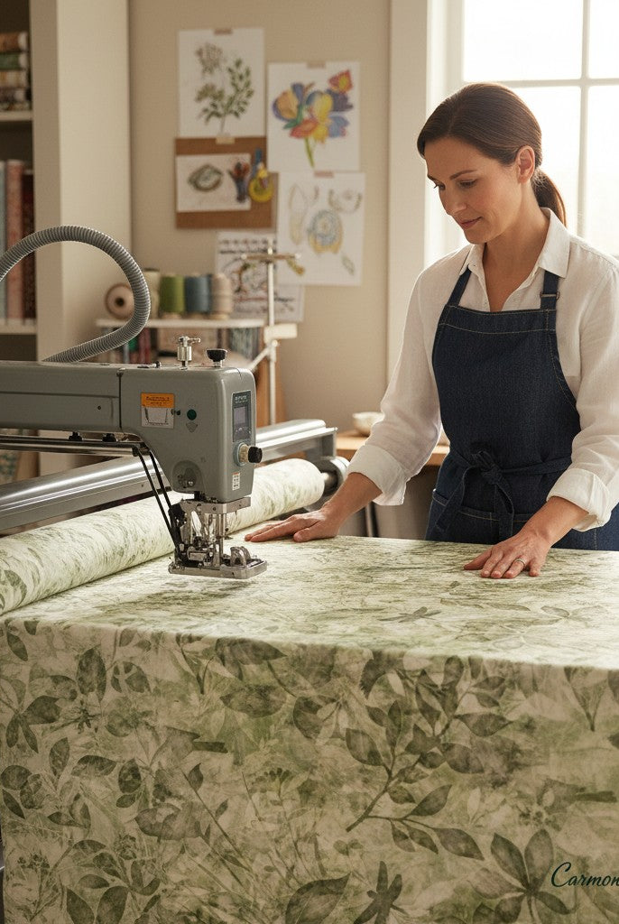Carmon's Quilt Shop woman using a longarm machine to quilt green botanical leaf print 108-inch wide cotton fabric