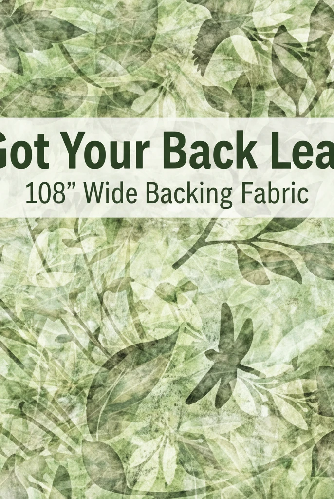 Carmon's Quilt Shop Got Your Back Leaf 108 inch wide green cotton fabric with botanical and dragonfly motifs