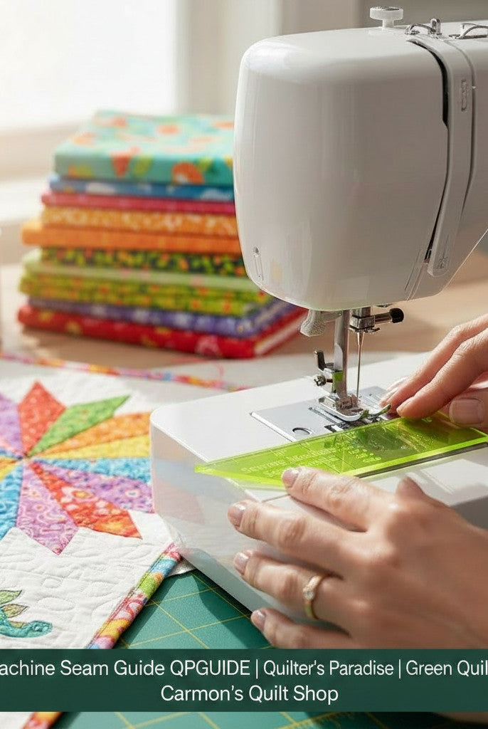 Carmon's Quilt Shop Quilter's Paradise green plastic seam guide ruler being used on a white sewing machine