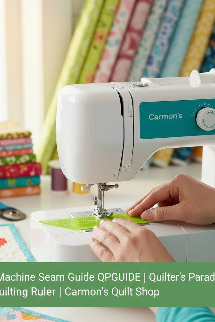 Carmon's Quilt Shop Quilter's Paradise green plastic seam guide ruler being used on a sewing machine for quilting
