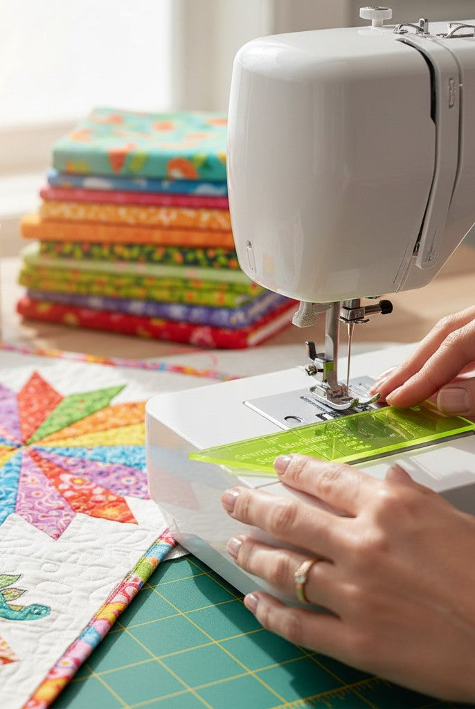 Carmon's Quilt Shop Quilter's Paradise green plastic seam guide ruler being used on a white sewing machine