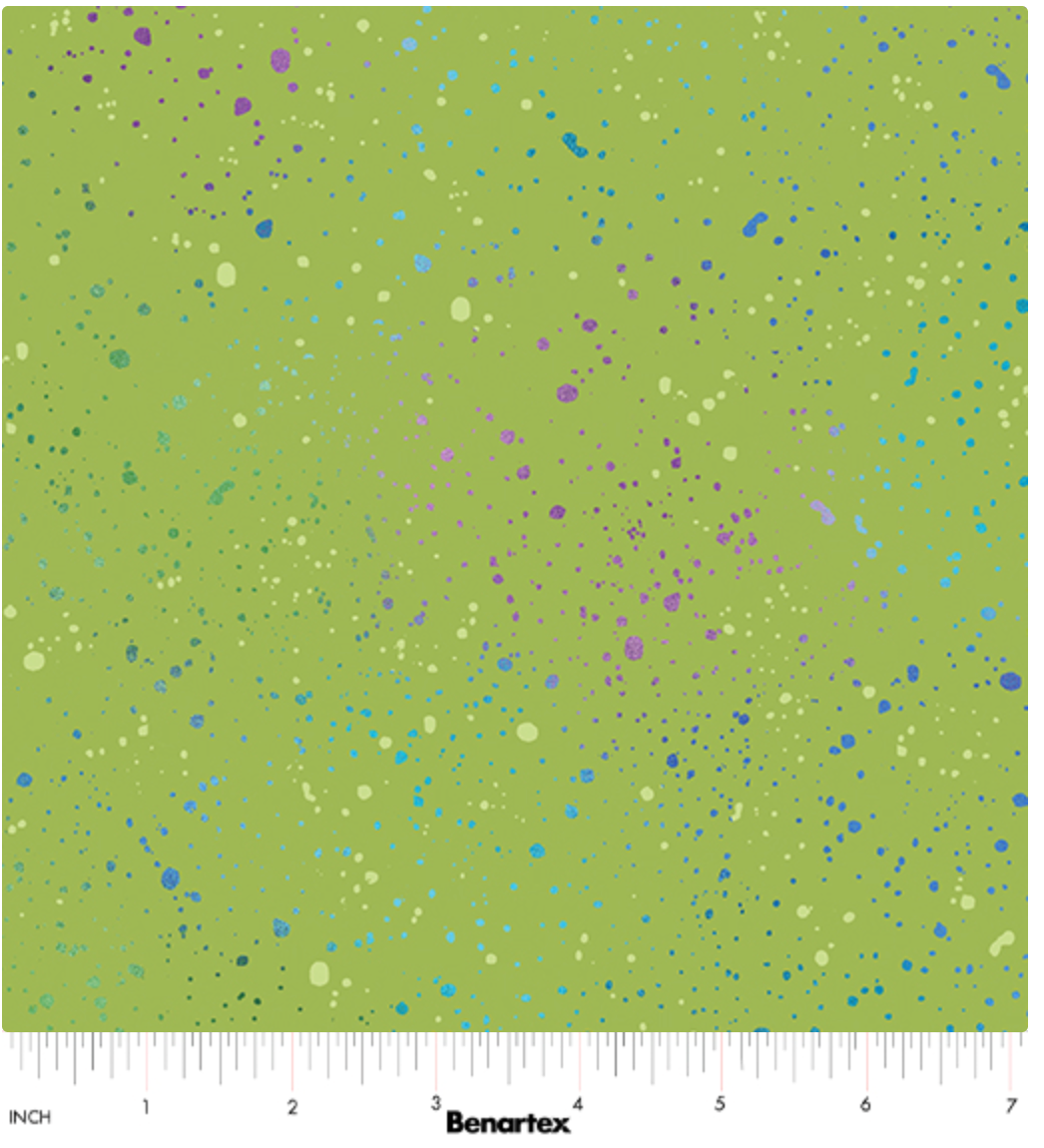 Carmon's Quilt Shop Benartex Dragonfly Wonder green cotton quilting fabric with purple and blue spatter leaf pattern