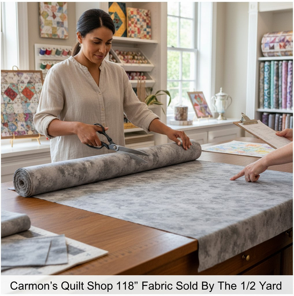 Carmon's Quilt Shop staff cutting grey mottled Panorama Rapture blender cotton fabric from a wide bolt in a studio.