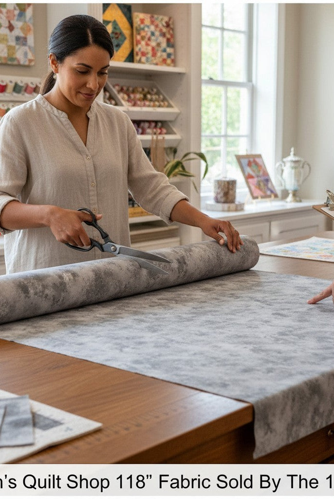 Carmon's Quilt Shop staff cutting grey mottled Panorama Rapture blender cotton fabric from a wide bolt in a studio.