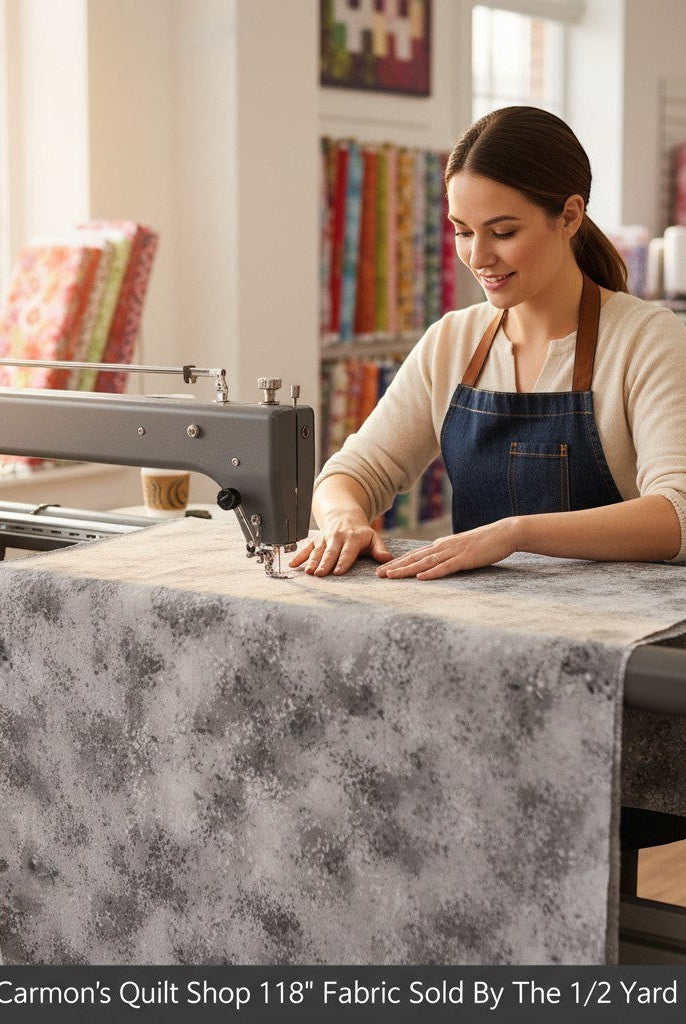 Carmon's Quilt Shop 118 inch grey mottled cotton blender fabric being used on a longarm quilting machine