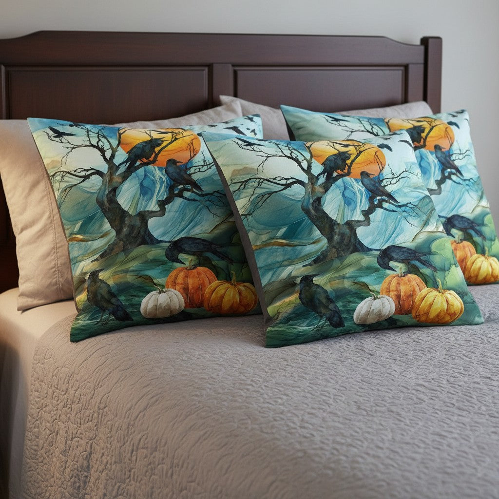 Carmon's Quilt Shop Halloween crow and pumpkin fabric panel, 30" x 43", 100% cotton, blue, green, and orange abstract background.