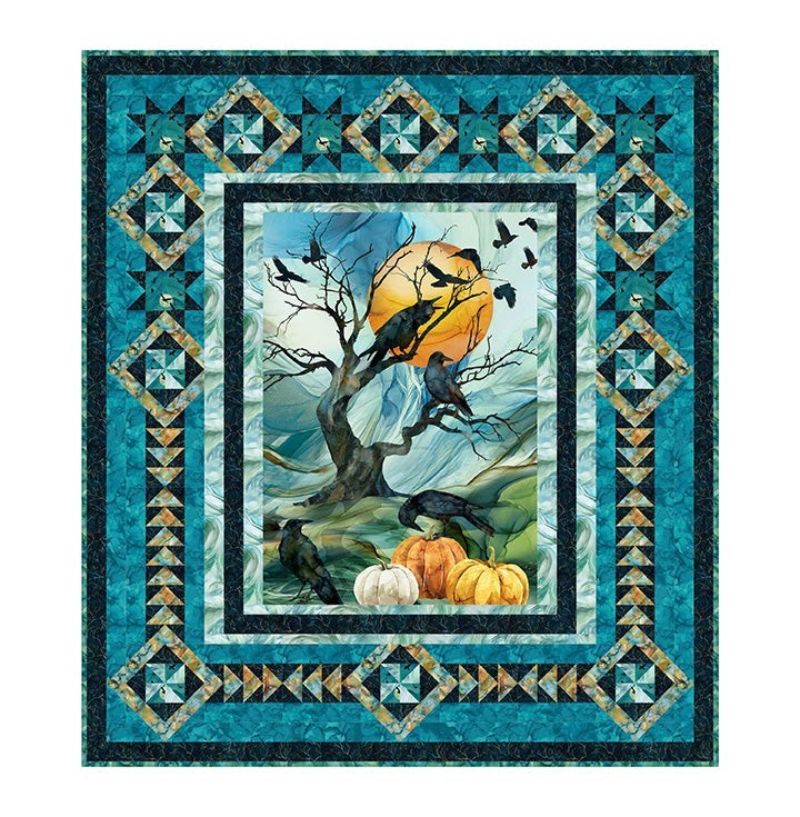 Carmon's Quilt Shop Halloween crow and pumpkin fabric panel with moon. 100% cotton, 30" x 43".