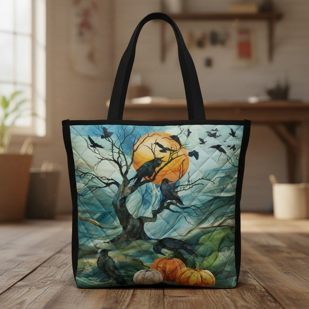 Carmon's Quilt Shop Halloween crow and pumpkin fabric panel with blue, green, and orange hues. 100% cotton, 30" x 43".