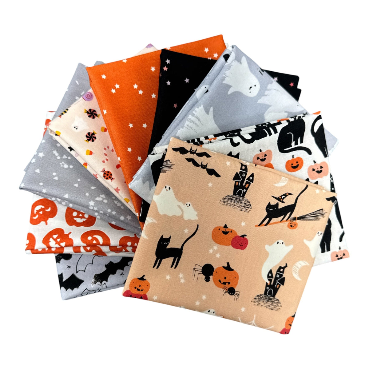 Carmon's Quilt Shop FIGO Fabrics Sweet Treat fat quarter bundle featuring Halloween cotton prints in orange and black.