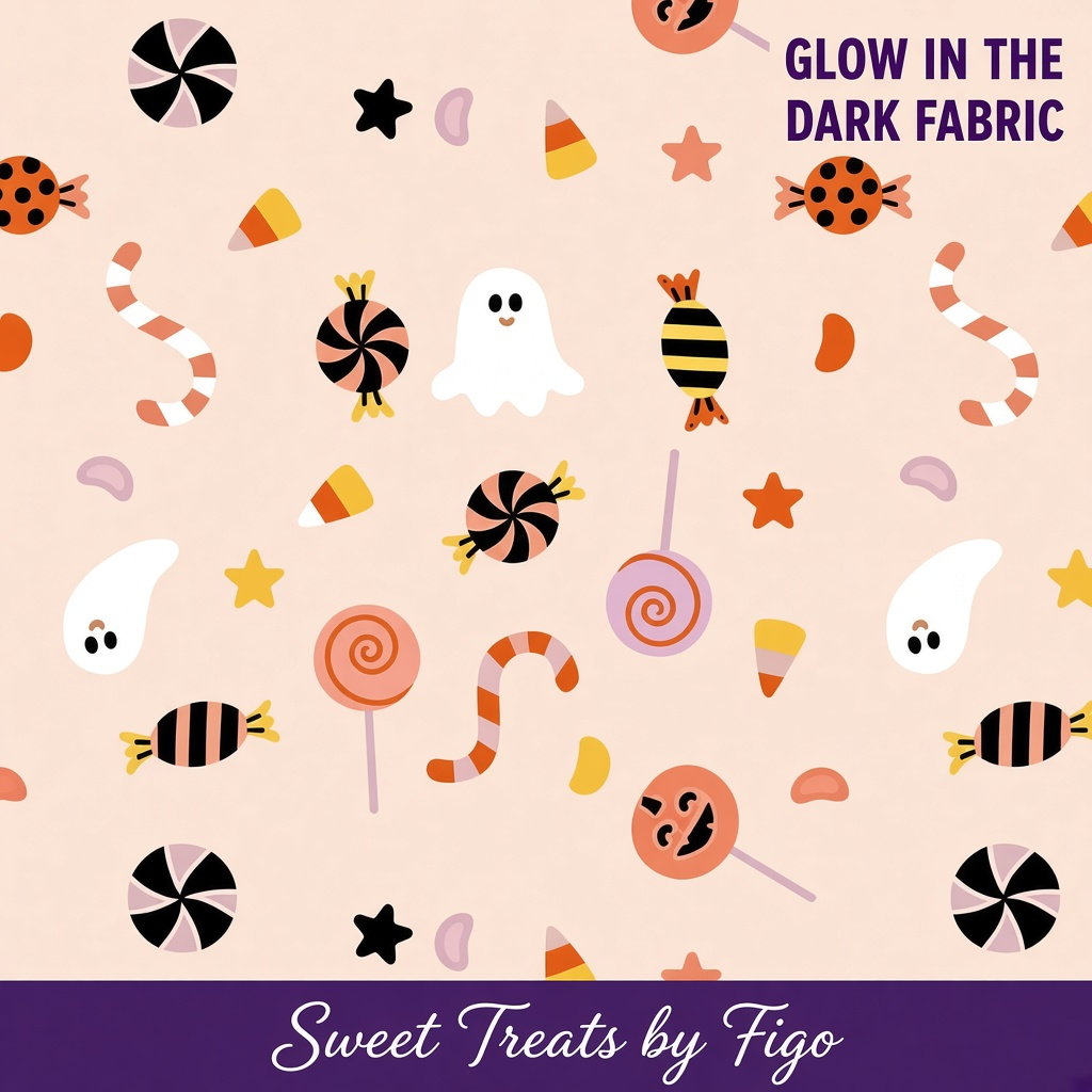 Carmon's Quilt Shop glow in the dark Halloween quilting cotton fabric featuring ghosts and candy on orange background