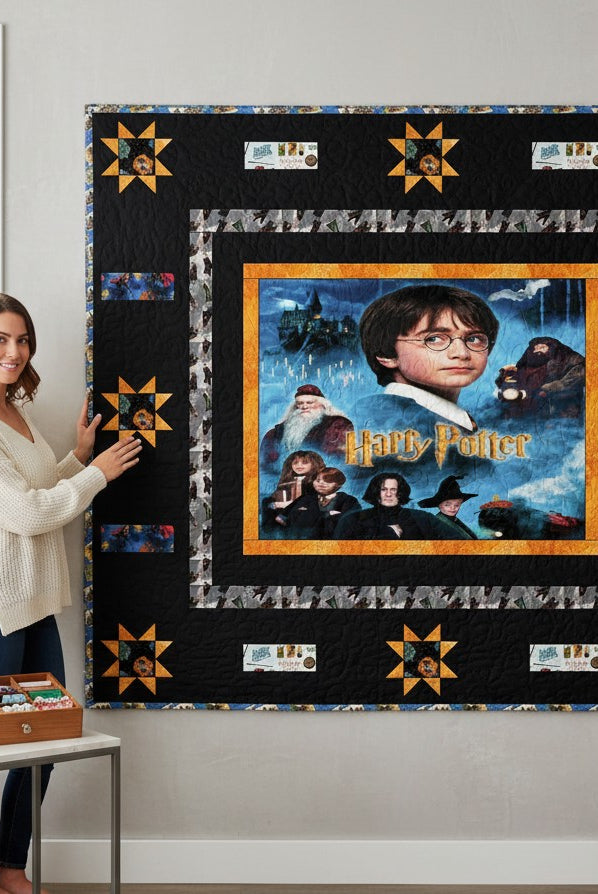 Carmon's Quilt Shop Harry Potter themed quilt pattern featuring characters and Hogwarts castle. Finished size 87.5" x 79.5".