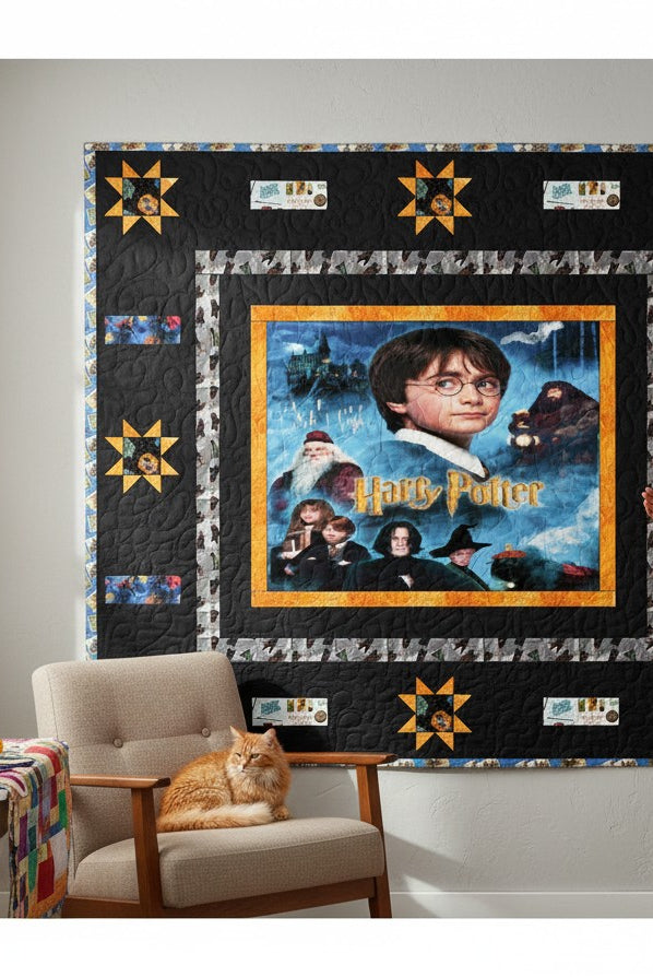 Carmon's Quilt Shop Harry Potter themed quilt pattern featuring Harry, Dumbledore, Snape, and other characters. Black background with star accents.