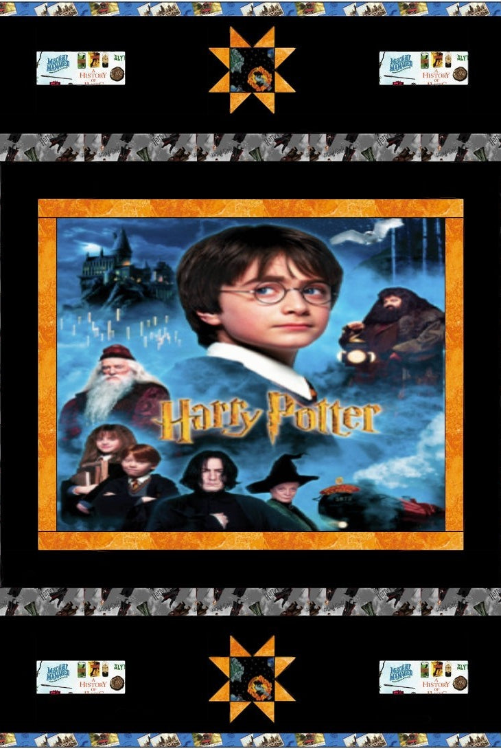 Carmon's Quilt Shop Harry Potter themed quilt pattern featuring characters and Hogwarts castle. Finished size 87.5" x 79.5".