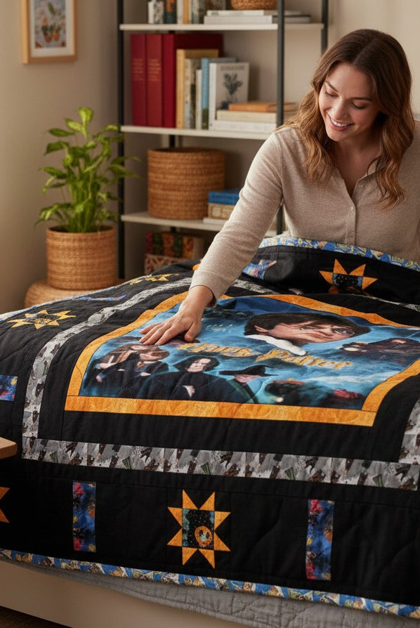 Carmon's Quilt Shop Harry Potter themed quilt with stars and character images, 87.5" x 79.5".