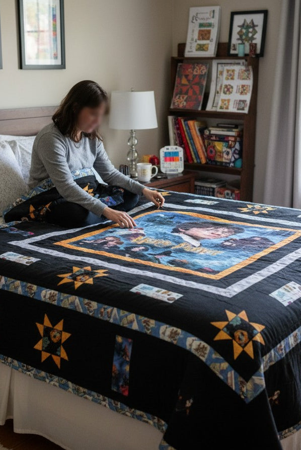 Carmon's Quilt Shop Harry Potter themed quilt pattern featuring stars and a central image of a character. Finished size 87.5" x 79.5".