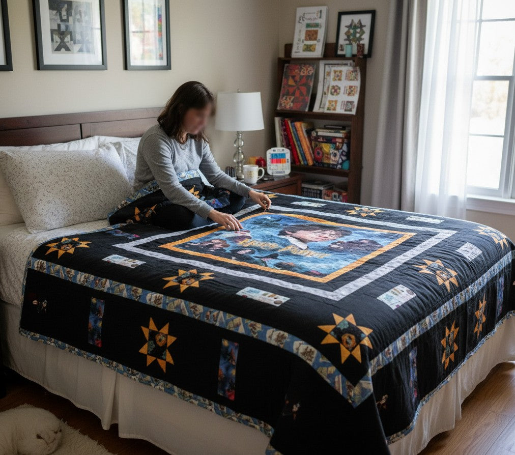 Carmon's Quilt Shop Harry Potter themed quilt pattern featuring stars and a central image of a character. Finished size 87.5" x 79.5".