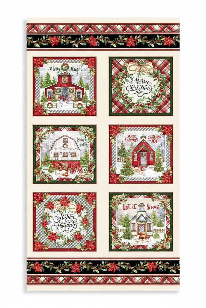 Carmon's Quilt Shop Heartland Holiday multi-colored Christmas quilt panel featuring festive village scenes