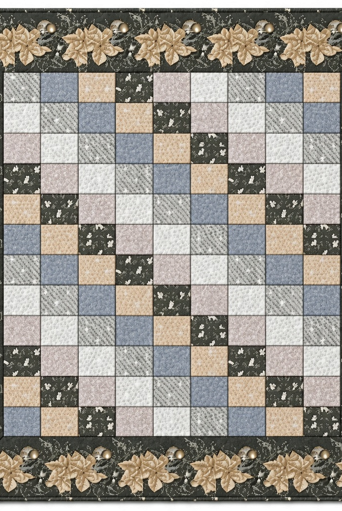 Carmon's Quilt Shop Holiday Flourish quilt kit featuring a patchwork center with a floral border in festive colors.