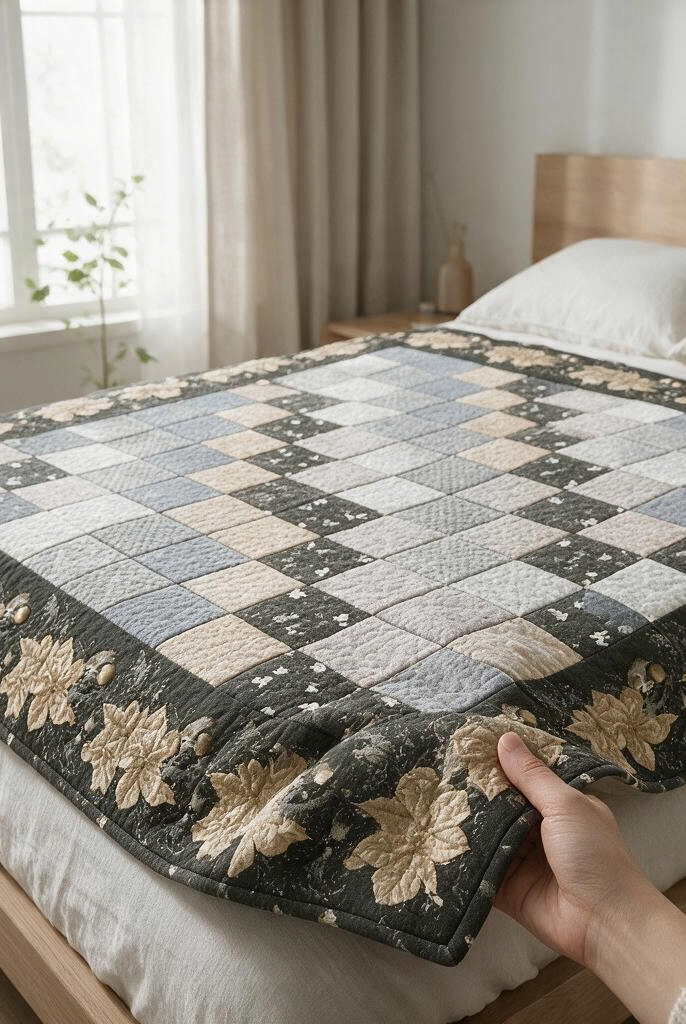 Carmon's Quilt Shop Holiday Flourish quilt featuring a patchwork center and floral border on a bed