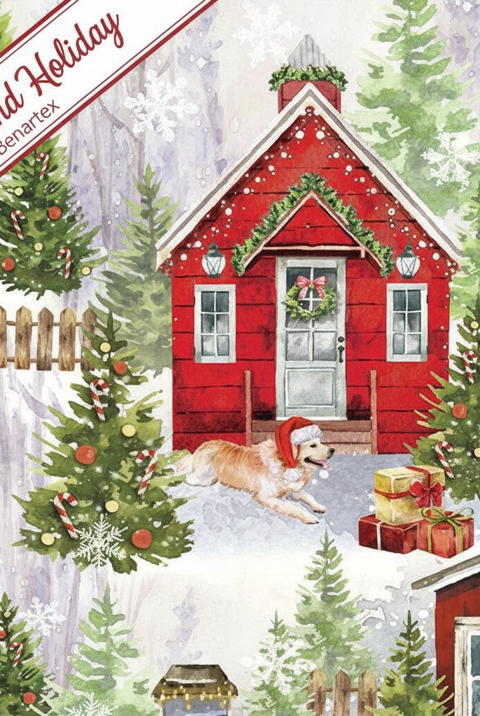 Carmon's Quilt Shop Heartland Holiday fabric featuring a festive Christmas village scene with a dog in a Santa hat