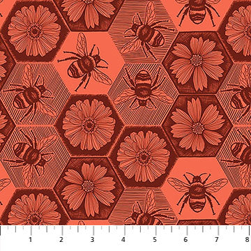 Carmon's Quilt Shop Indelible Ink fabric featuring a modern coral and dark red honeycomb pattern with bees and flowers.