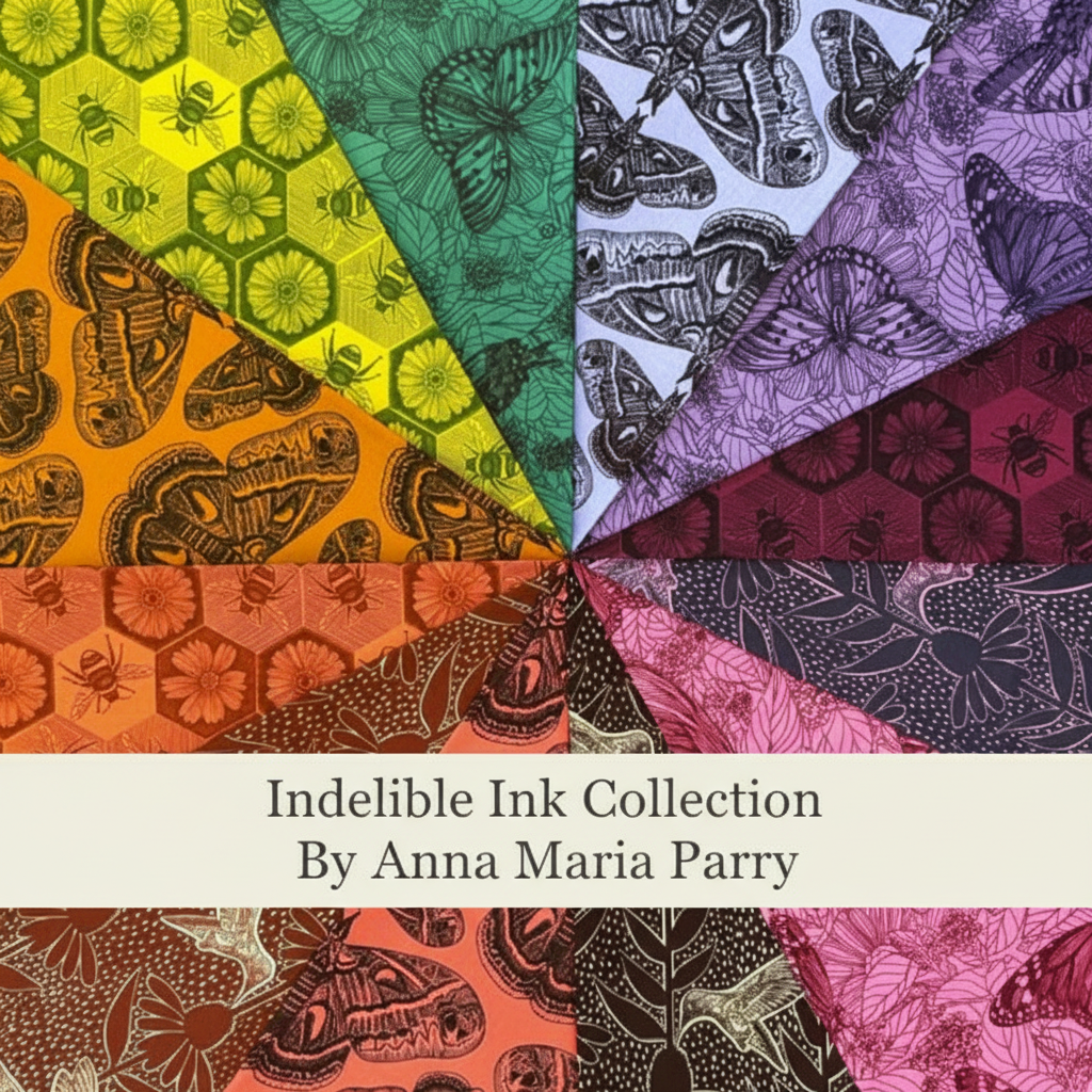 Carmon's Quilt Shop Indelible Ink fabric bundle featuring colorful modern prints of moths, bees, and floral patterns.