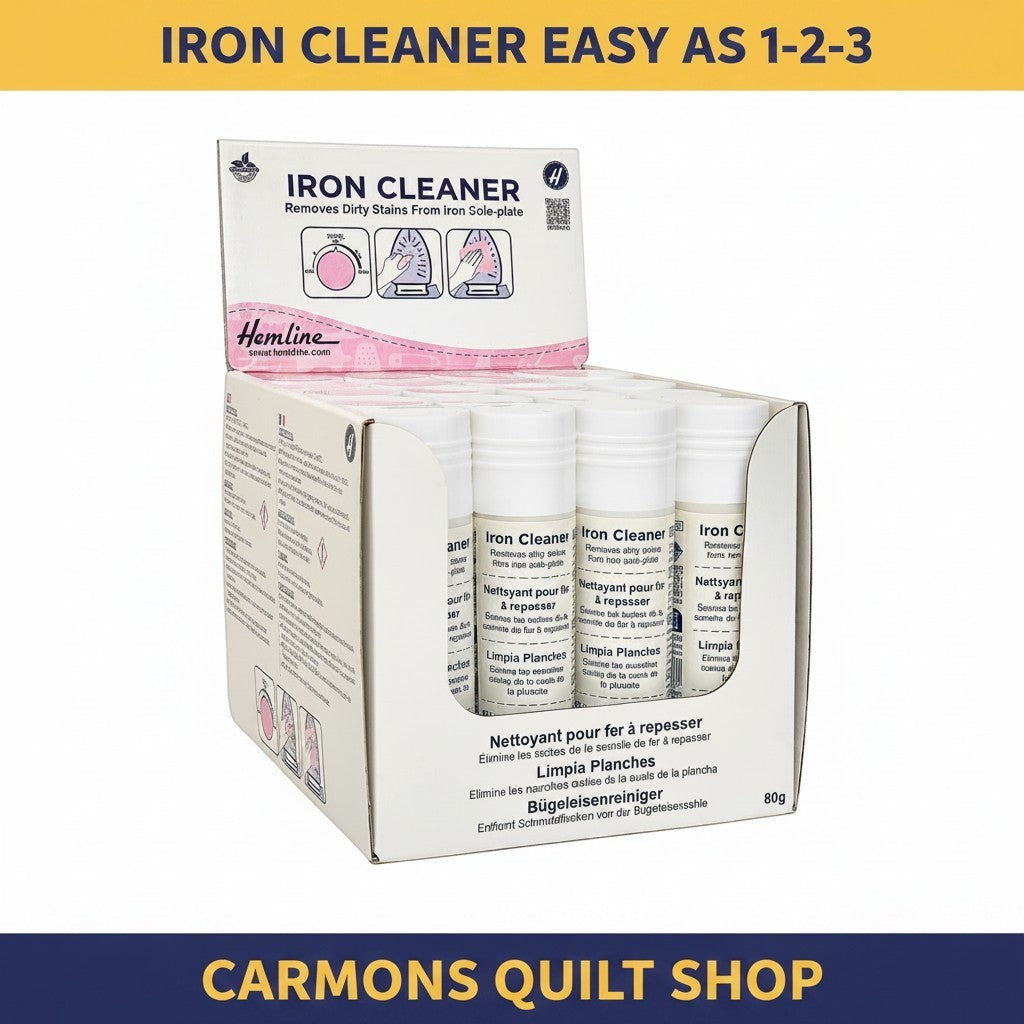 Carmon's Quilt Shop HTL iron soleplate cleaner sticks in a display box for removing stains from steam and dry irons