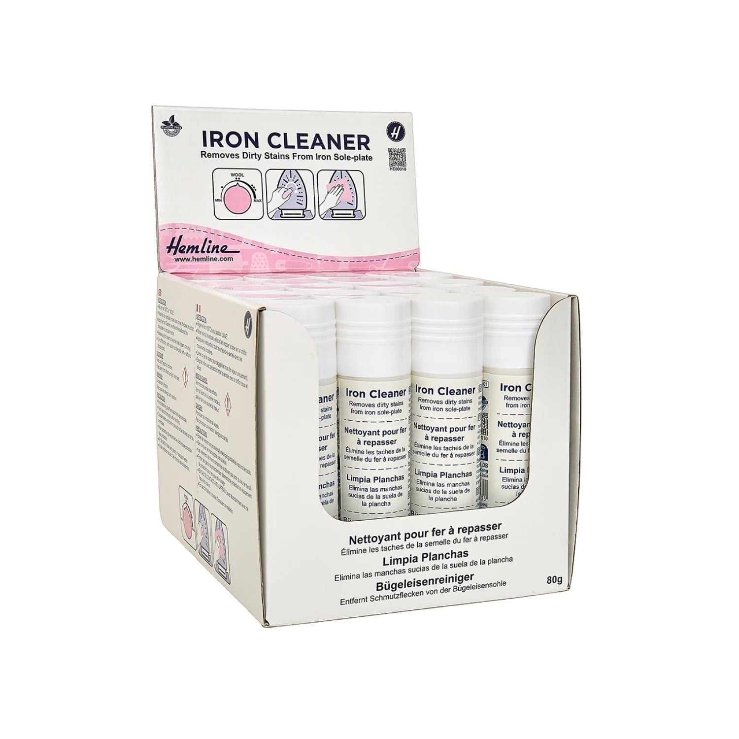 Carmon's Quilt Shop HTL iron soleplate cleaner sticks in a display box for removing residue from steam and dry irons.