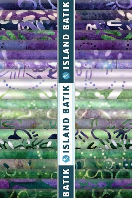 Carmon's Quilt Shop Island Batik Vintner's Treasure fabric bundle in purple and green with intricate patterns