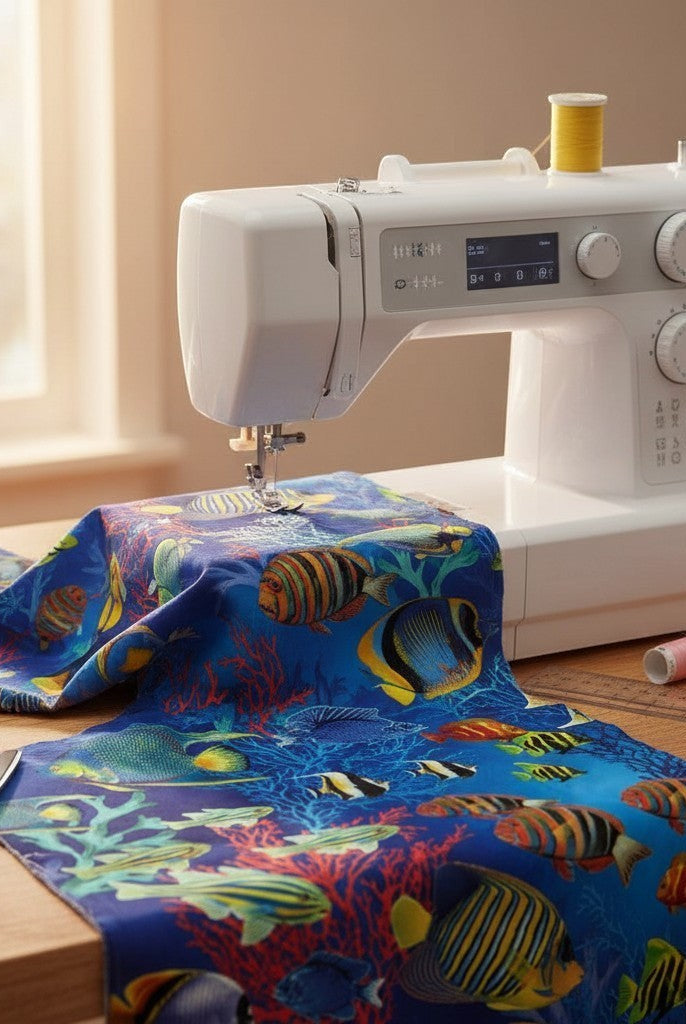 Carmon's Quilt Shop Jewel of The Sea cotton fabric with tropical fish print being sewn on a white sewing machine.