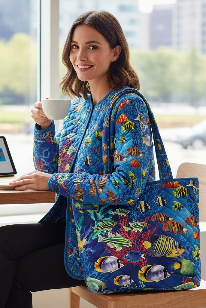 Woman wearing a quilted jacket made of Carmon's Quilt Shop Jewel of The Sea fabric featuring colorful tropical fish.