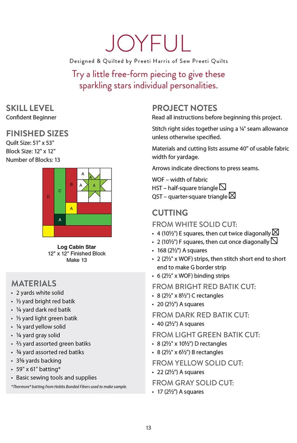 Carmon's Quilt Shop Joyful star quilt pattern page with cutting instructions and material list for beginner quilters