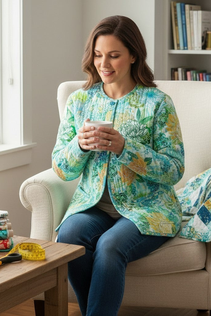 Carmon's Quilt Shop Jungle Wide Fabric, 100% cotton, 108" wide, featuring a vibrant floral pattern in fiesta colors with geometric accents.
