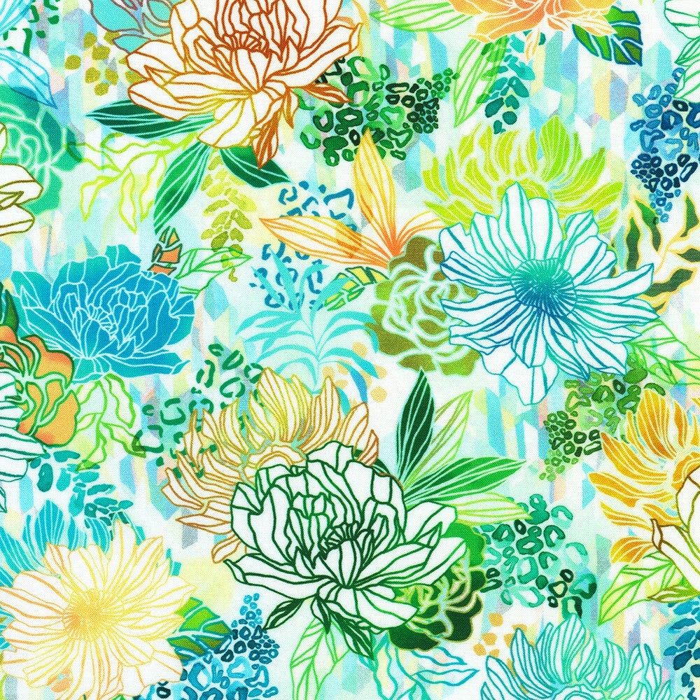 Robert Kaufman Jungle Wide fabric in Fiesta color. Features line-art flowers in blue, green, orange, yellow, and white with geometric and leopard print accents.