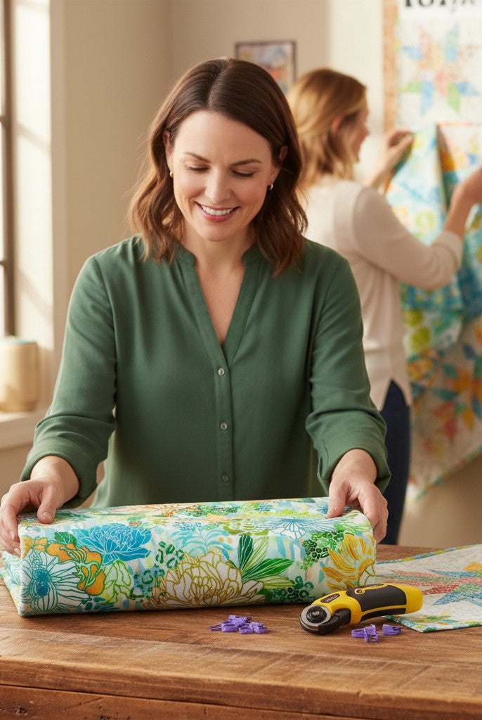 Carmon's Quilt Shop Jungle Wide Fabric, 100% cotton, features abstract floral and geometric patterns in fiesta colors.