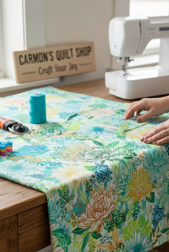 Carmon's Quilt Shop Jungle Wide Fabric, 108" 100% cotton, features abstract floral and geometric patterns in fiesta colors.
