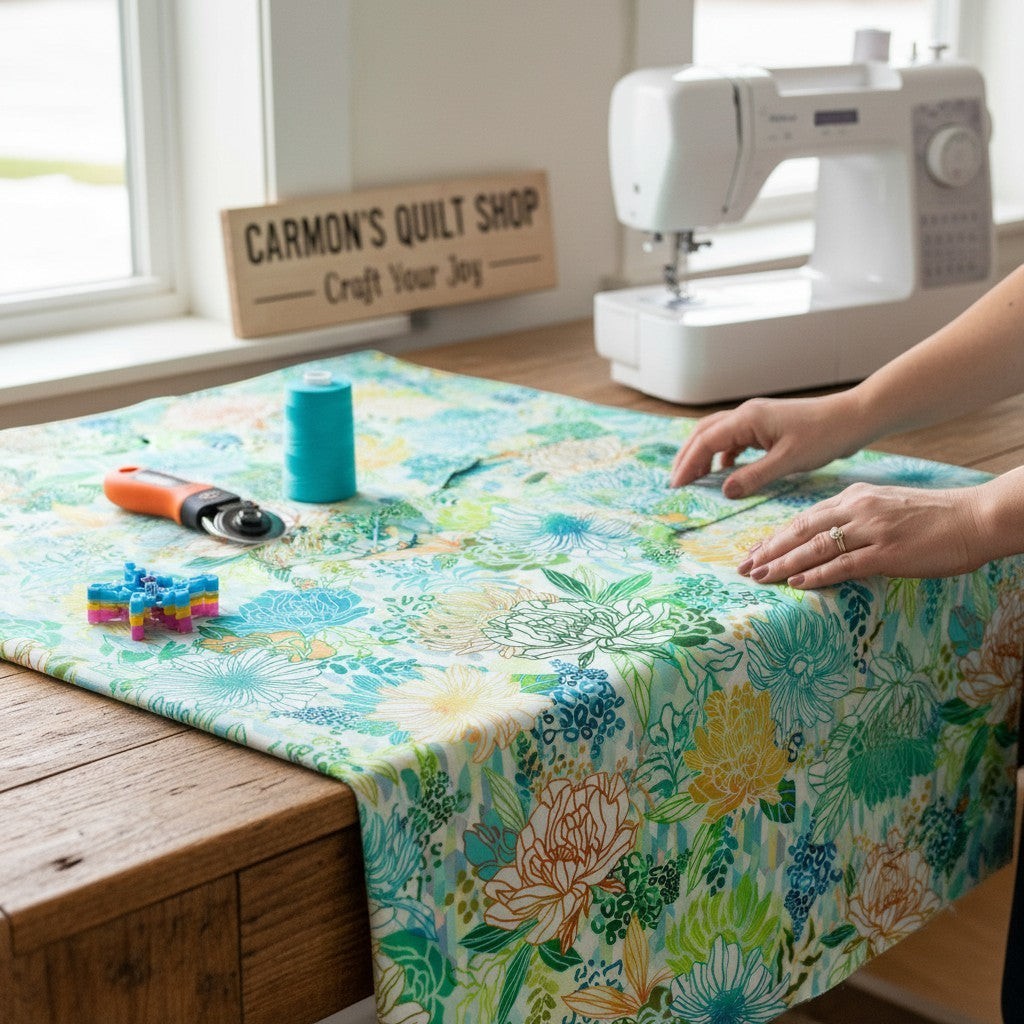 Carmon's Quilt Shop Jungle Wide Fabric, 108" 100% cotton, features abstract floral and geometric patterns in fiesta colors.