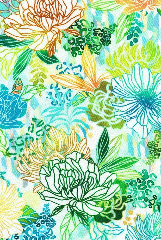 Carmon's Quilt Shop Jungle Wide Fabric, 108" 100% cotton, Fiesta color, abstract floral and geometric print.