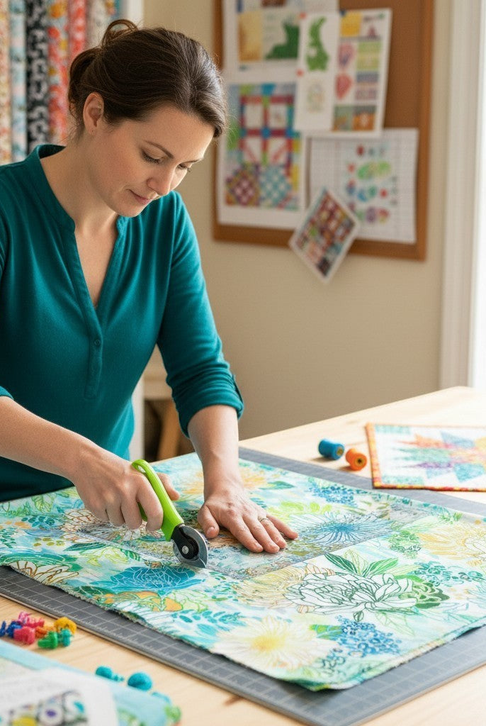 Carmon's Quilt Shop Jungle Wide Fabric in Fiesta: 100% cotton with abstract floral, geometric, and leopard print patterns in blue, green, orange, and yellow.