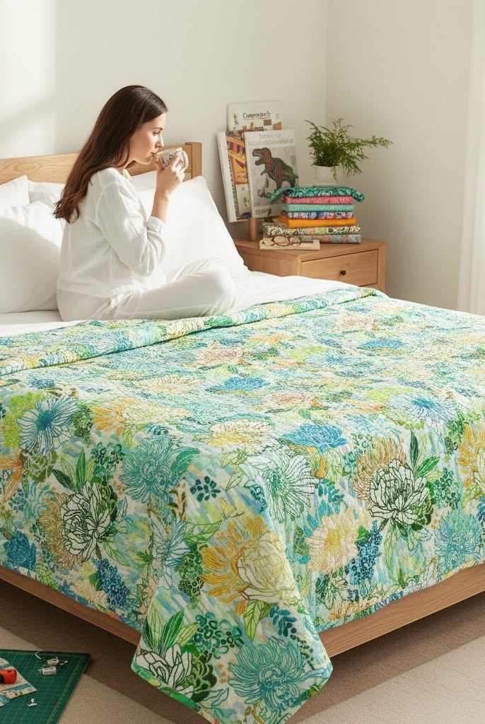 Carmon's Quilt Shop Jungle Wide Fabric in Fiesta features a modern geometric print with abstract floral and leopard accents in blue, green, orange, and yellow. 100% cotton.