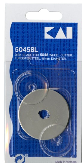 Carmon's Quilt Shop KAI 45mm tungsten steel replacement rotary cutter blade in original blue and white packaging