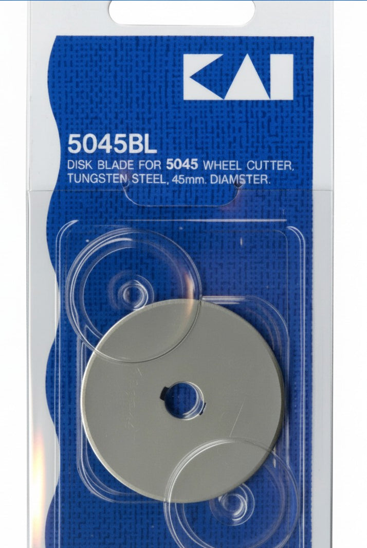 Carmon's Quilt Shop Kai 45mm tungsten steel replacement rotary cutter blade in original blue packaging