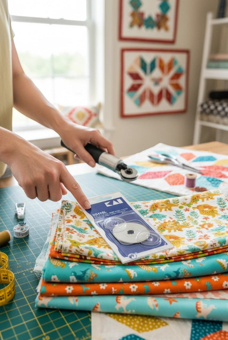 Carmon's Quilt Shop KAI 45mm tungsten steel replacement rotary cutter blade in packaging on a fabric cutting mat
