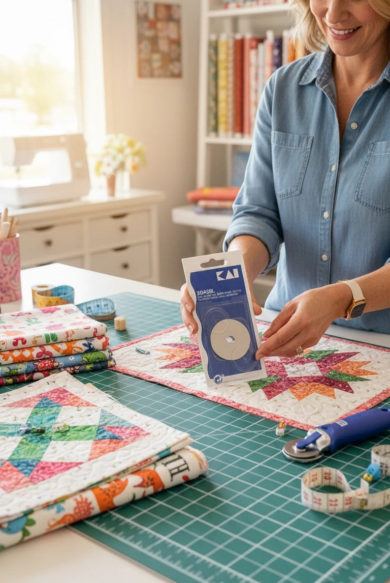 Carmon's Quilt Shop KAI 45mm tungsten steel replacement rotary cutter blade in packaging held by a smiling quilter.