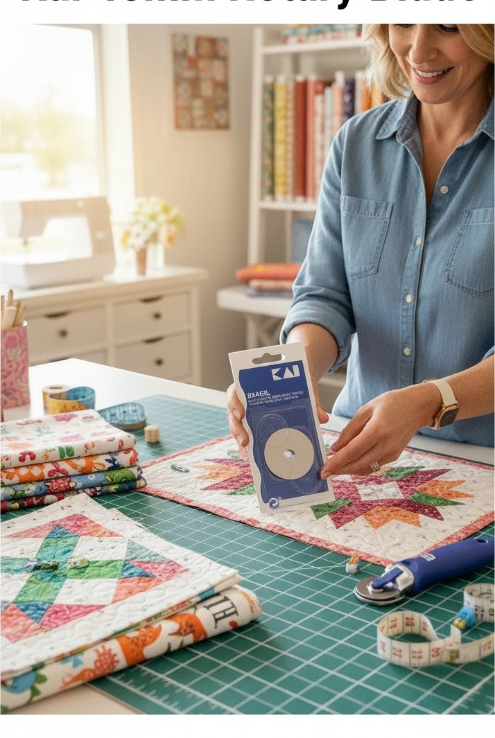 Woman holding a Kai 45mm rotary blade package at a sewing table in Carmon's Quilt Shop