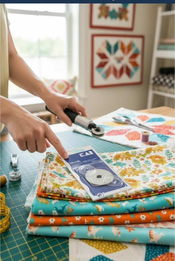 Carmon's Quilt Shop Kai 45mm metal rotary blade in packaging on a cutting mat with fabric for quilting projects