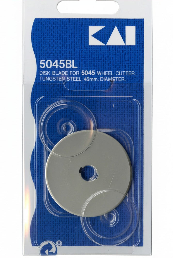 Carmon's Quilt Shop Kai 45mm tungsten steel replacement rotary cutter blade in original retail packaging