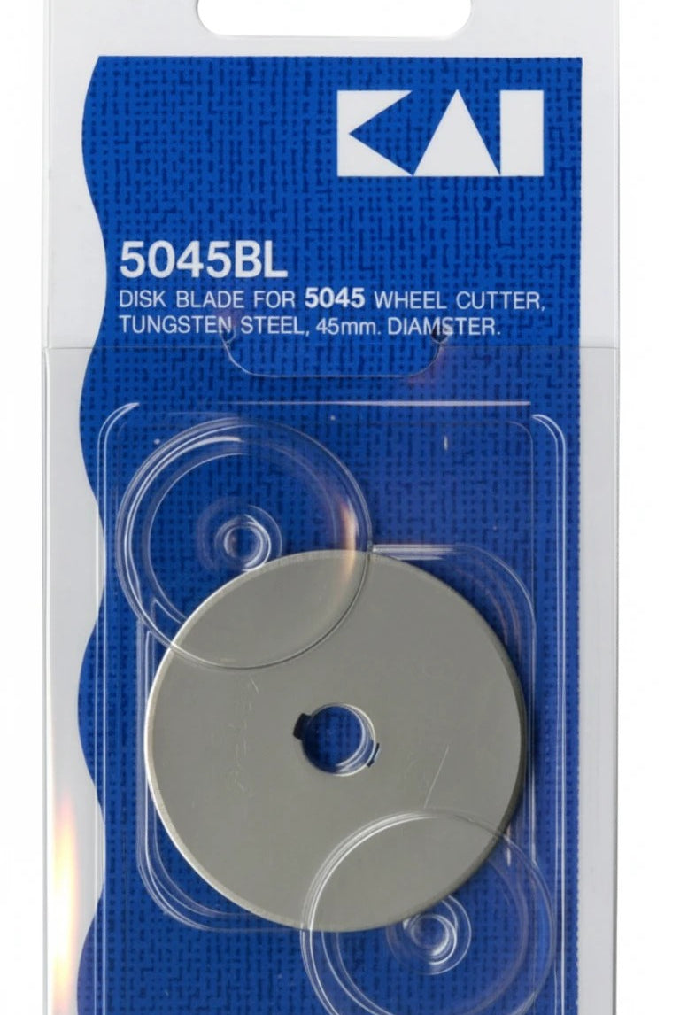 Carmon's Quilt Shop KAI 45mm tungsten steel replacement rotary cutter blade in original blue retail packaging