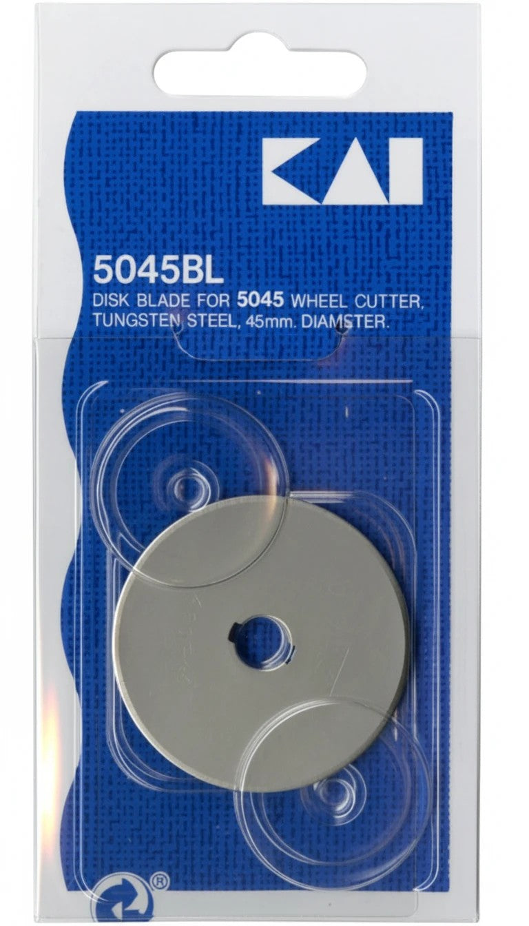 Carmon's Quilt Shop KAI 45mm tungsten steel replacement rotary cutter blade in original blue retail packaging